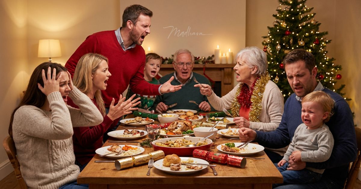 Familie di sich beim Weihnachtsessen anschreit