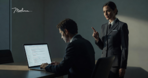 Mann am Laptop, mit Frau als symbolische Sprachpolizei