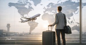 man at airport watching an airplane take off