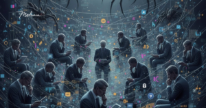 illustration vile Männer sitzen gebeugt über Laptops und sind mit einem Netz verwoben