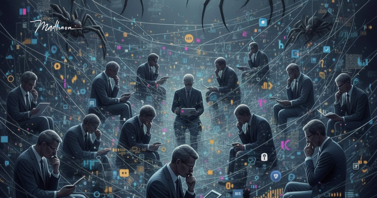 illustration vile Männer sitzen gebeugt über Laptops und sind mit einem Netz verwoben