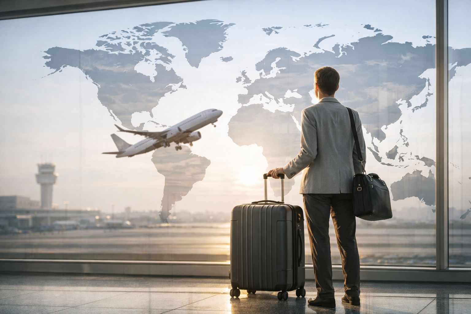 man at airport watching an airplane take off