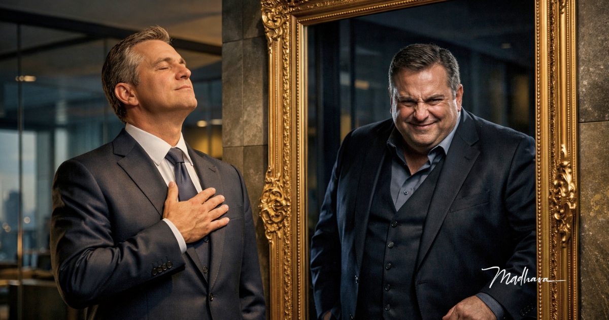 mann mit moralischer Geste im Spiegel