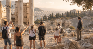 Touristen vor griechischen Säulen