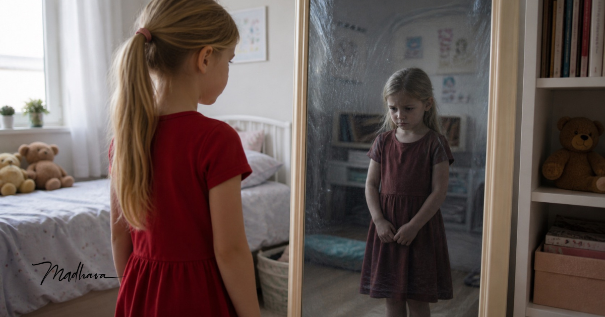 eine junges Mädchen sieht sich traurig im Spiegelbild