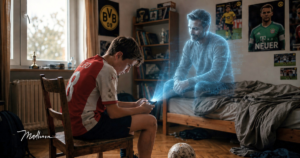 junge im Trikot sucht hilfe im Handy