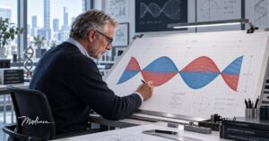 Ein Mann sitzt am zeichenbrett und gestaltet eine Grafik
