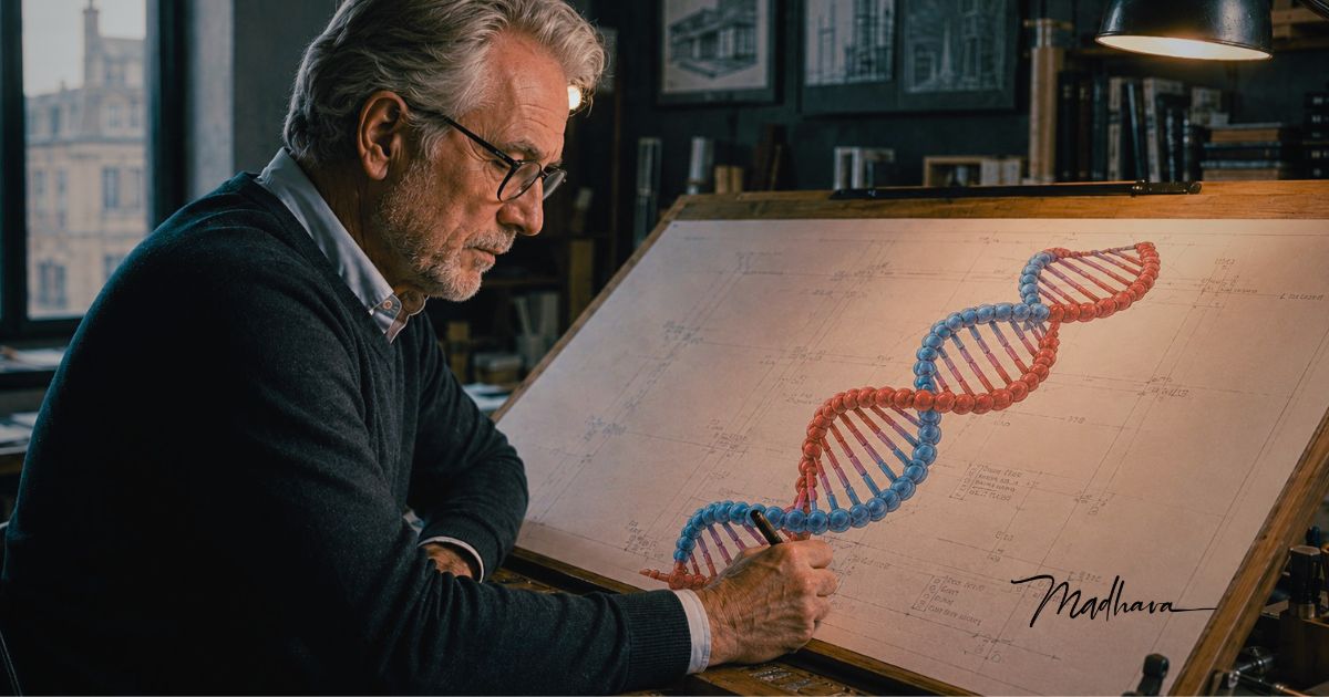Mann zeichnet Doppelhelix