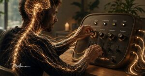 Mann bedient ein leuchtendes Nervensystem wie ein Mischpult — Sinnbild für das Nervensystem als Bedienfeld