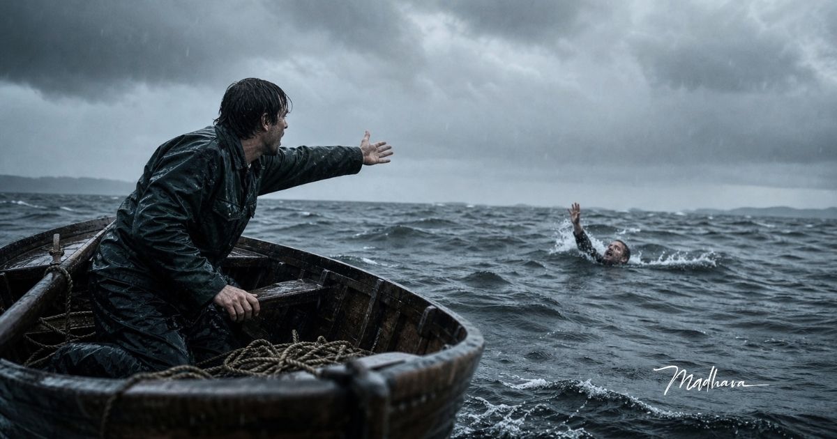 Ein Mann in Ölzeug streckt vom Ruderboot aus die Hand nach einem Ertrinkenden im aufgewühlten, stürmischen Meer aus.