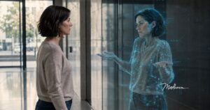 Frau steht ihrem holografischen digitalen Spiegelbild gegenüber, das ihr die Hände entgegenstreckt