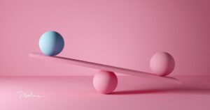 Eine Wippe im Ungleichgewicht vor rosa Hintergrund: Auf der angehobenen Seite liegt eine blaue Kugel, auf der abgesenkten eine rosafarbene, der Drehpunkt ist selbst eine Kugel.