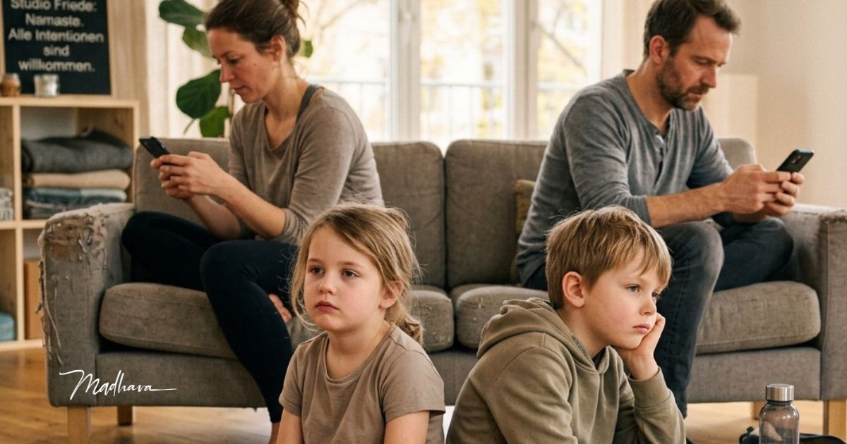 Zwei Kinder sitzen auf dem Wohnzimmerboden, während beide Eltern hinter ihnen auf dem Sofa auf ihre Smartphones schauen.