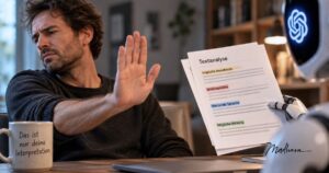 Mann weist mit erhobener Hand eine Textanalyse zurück, die ein Roboter ihm reicht; auf seiner Tasse steht „Das ist nur deine Interpretation.