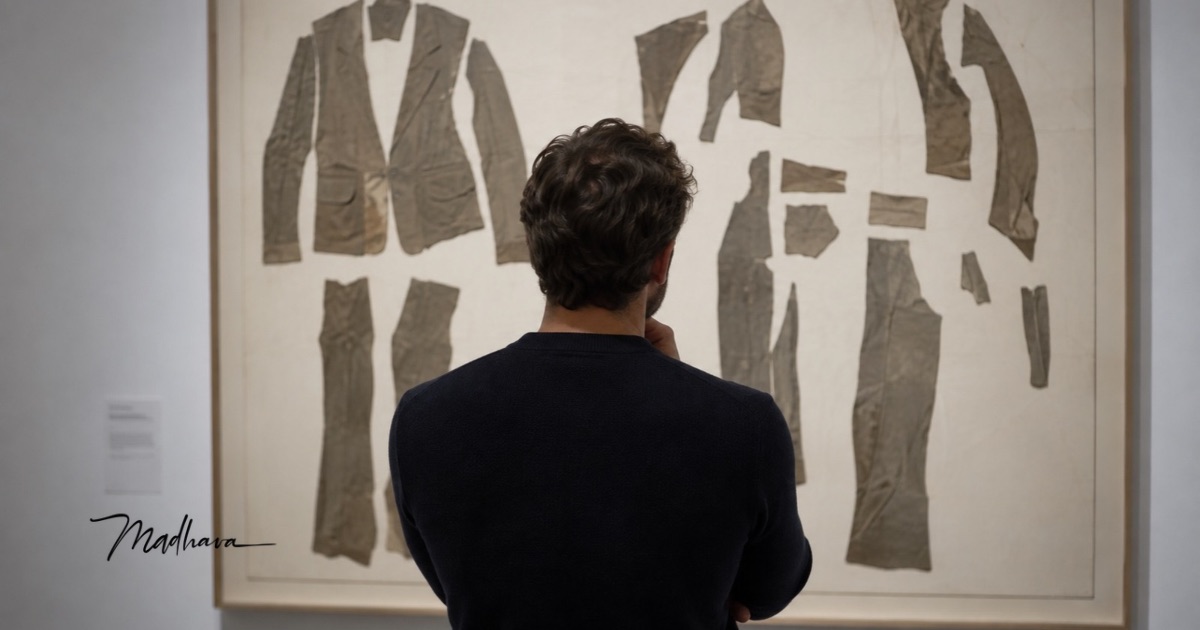 Mann von hinten, Hand am Kinn, betrachtet in einem Museum eine große Leinwand mit Schnittmustern eines Anzugs aus Stoff.