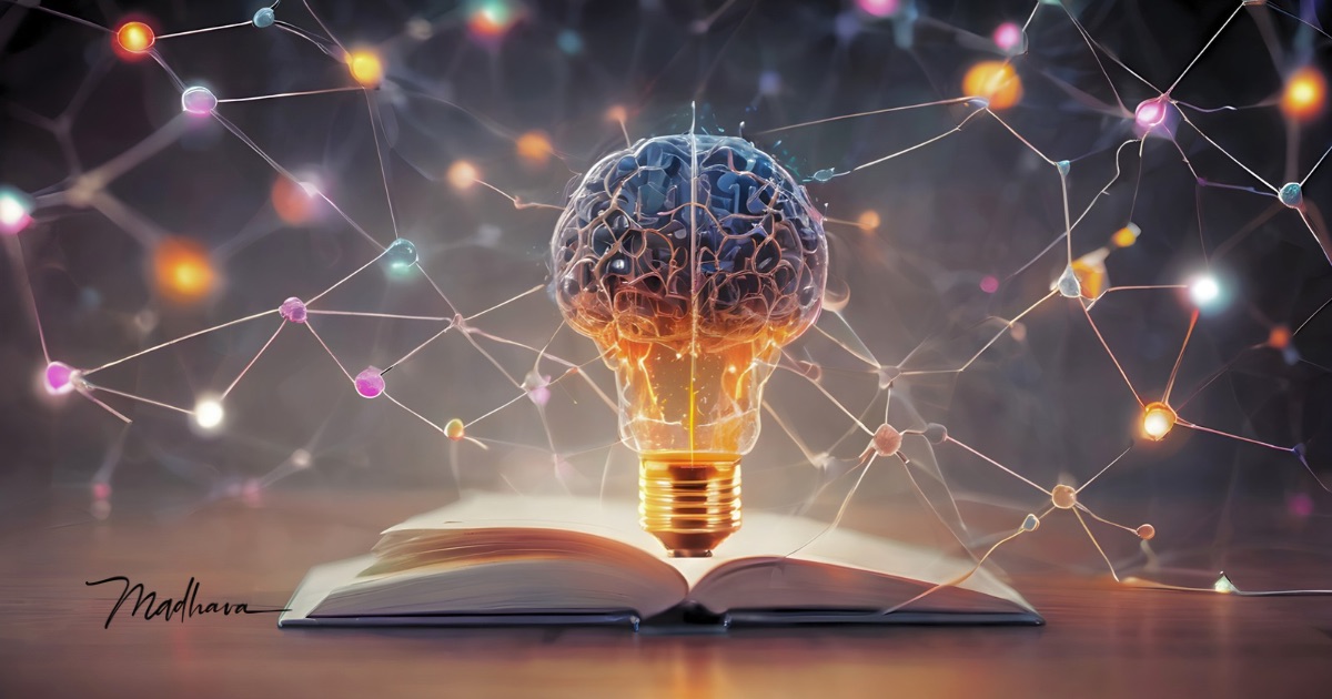 Leuchtende Glühbirne mit einem Gehirn darin über einem aufgeschlagenen Buch, umgeben von einem Netz aus Lichtpunkten – Sinnbild für Maschinenintelligenz, Wissen und Urteilskraft