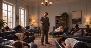 Ein Mann im Tweedanzug steht in einem eleganten Therapieraum und zeigt mit dem Finger auf Menschen, die auf dunklen Ledersofas liegen und ihr Gesicht in den Händen verbergen.