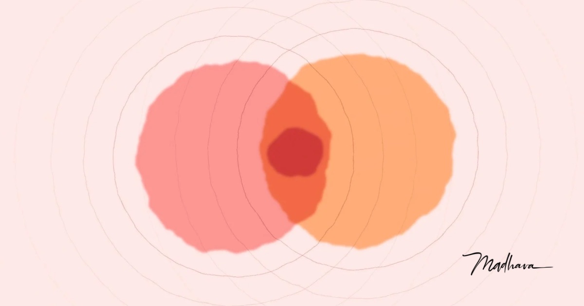 Aquarell: zwei ineinanderfließende Farbflächen in Rosé und Apricot, in ihrer Überschneidung ein kleiner roter Kreis, umgeben von feinen Wellenlinien.